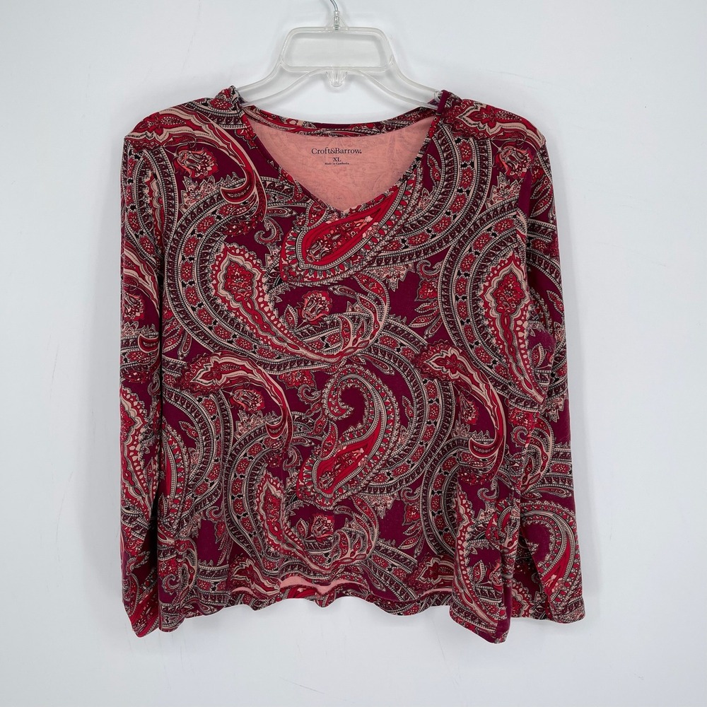 Croft & Barrow Women's Red Paisley Long Sleeve V-Neck Boho Peasant Top Size XL